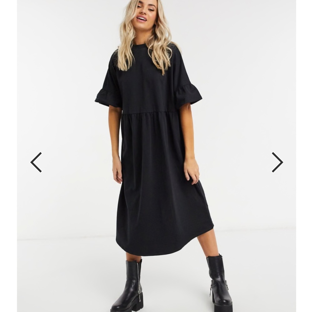 ASOS DESIGN oversized frill sleeve smock sweat midi dress in black